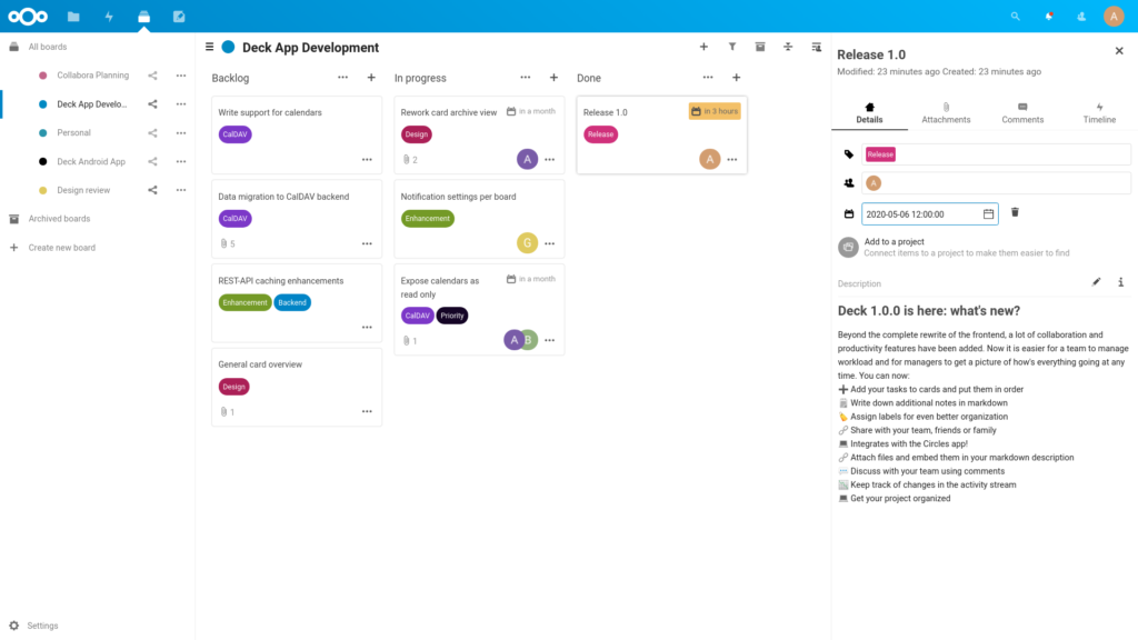 Intégration Nextcloud 19 avec Collabora Online, Deck et Talk 2 Gestion de tâches Deck dans Nextcloud