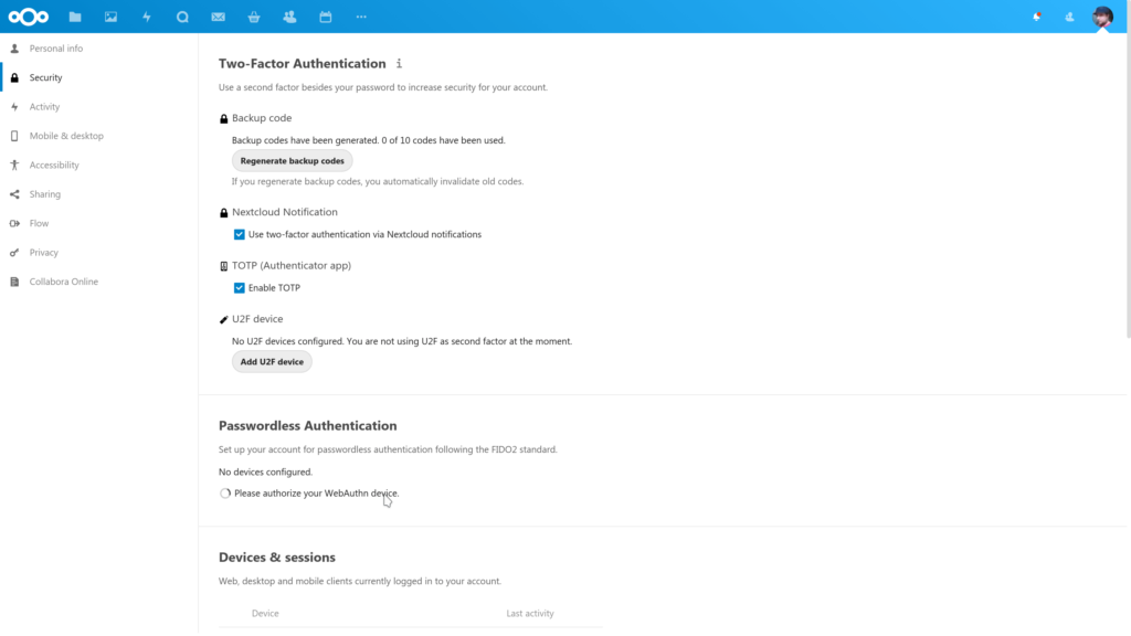 Authentification sans mot de passe dans Nextcloud Authentification sans mot de passe dans Nextcloud