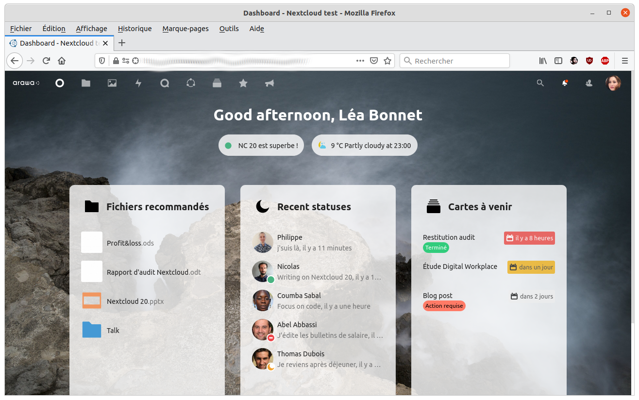 Le dashboard ou tableau de bord de Nextcloud 20