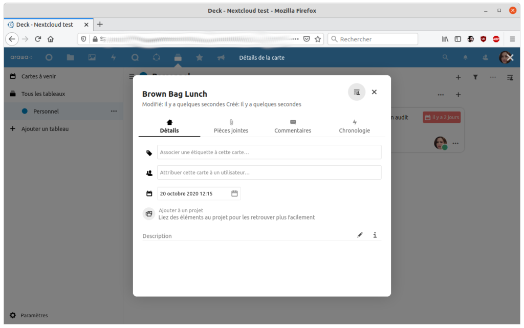 Les améliorations de Nextcloud Hub version 20 (2/2) 9 Carte Deck ouverte dans un dialogue modal sur Nextcloud 20