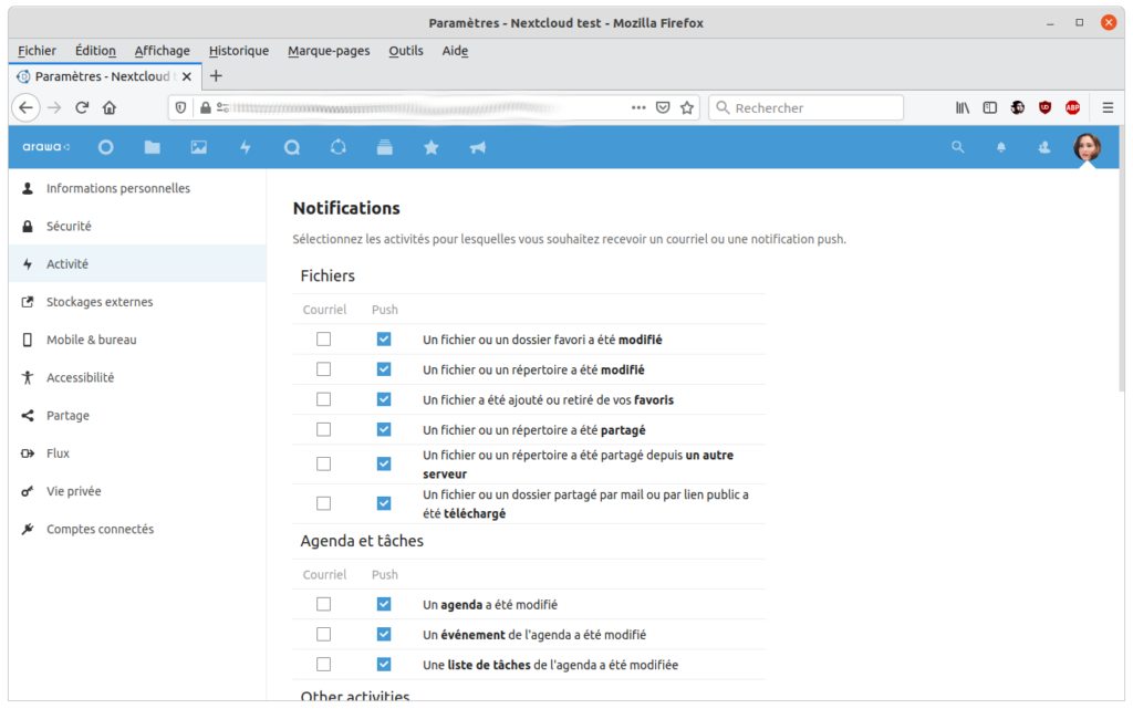 Notifications "push" dans Nextcloud 20