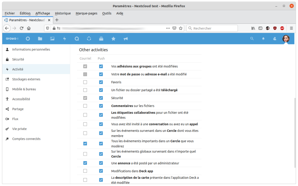 Notifications "push" dans Nextcloud 20