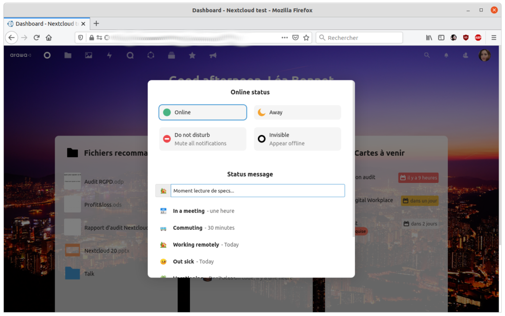 Les nouveautés de Nextcloud Hub version 20 (1/2) 4 Votre statut dans Nextcloud 20