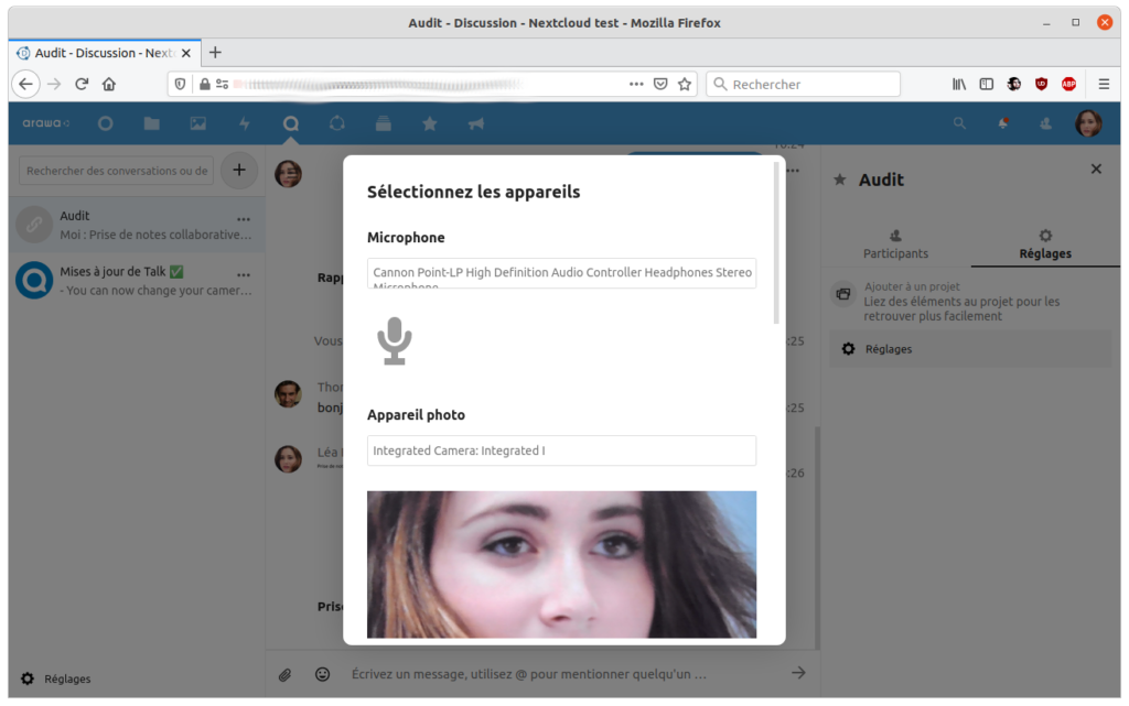 Les améliorations de Nextcloud Hub version 20 (2/2) 3 Sélection de micro et webcam dans Talk