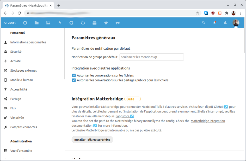 Les améliorations de Nextcloud Hub version 20 (2/2) 4 Matterbridge pour Talk