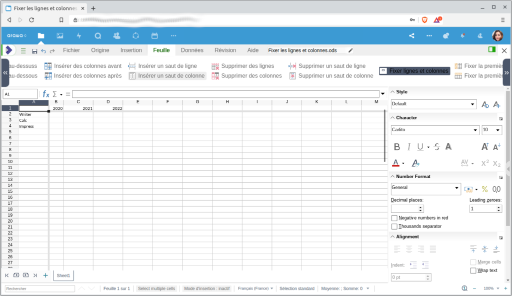 Arawa - Collabora Online 6.4 - Fixer lignes colonnes