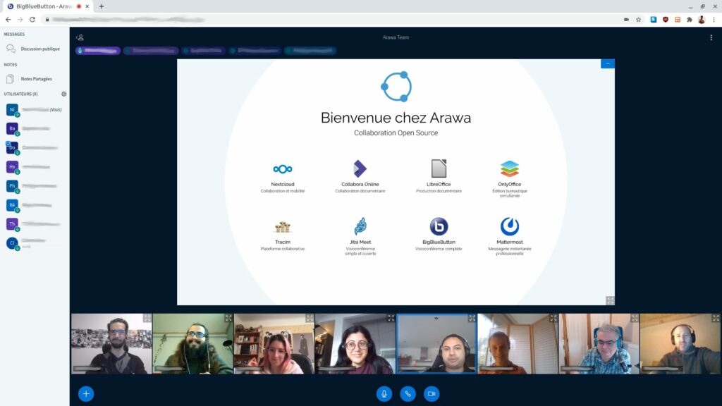 Arawa recrute un adminsys Linux OpenSource en télétravail 1 Équipe Arawa en réunion sur la visioconférence opensource BigBlueButton