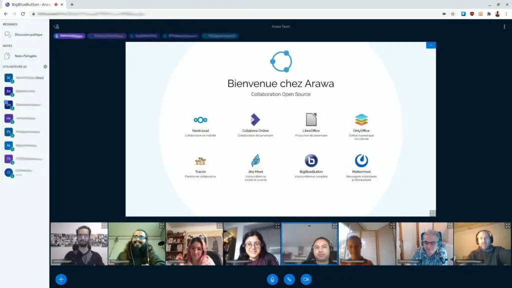 Équipe Arawa en réunion sur la visioconférence opensource BigBlueButton