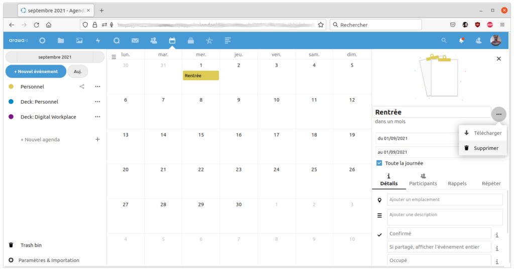 arawa nextcloud 22 calendar corbeille1