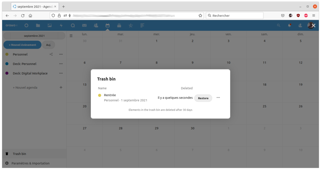 arawa nextcloud 22 calendar corbeille2