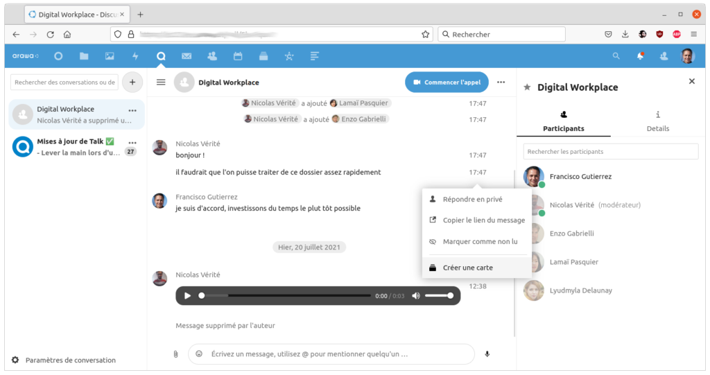 arawa nextcloud 22 talk deck creer carte1