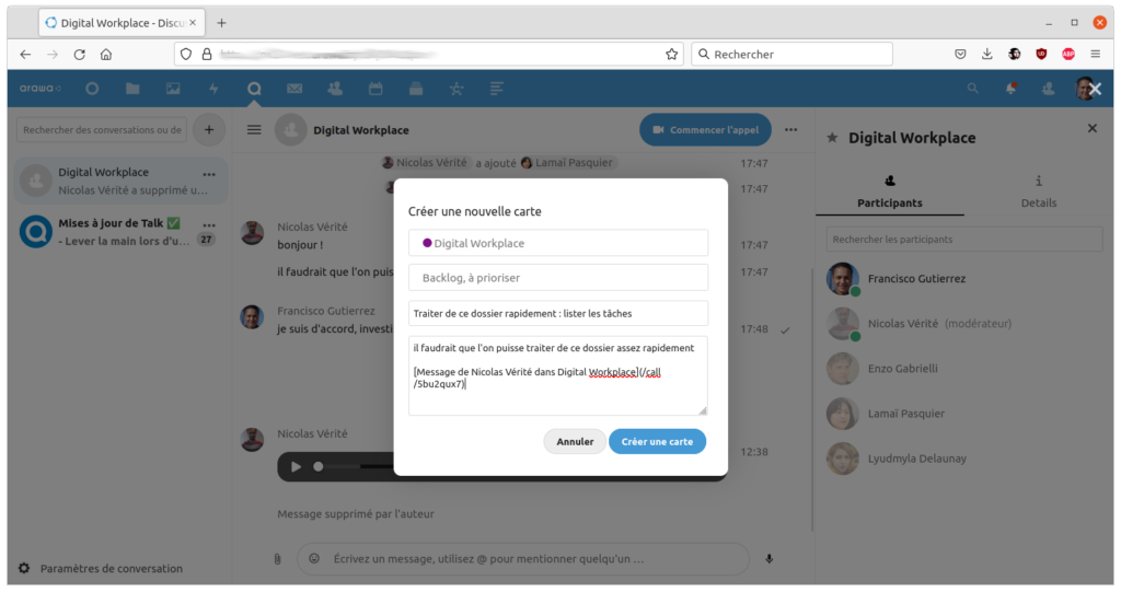 arawa nextcloud 22 talk deck creer carte2