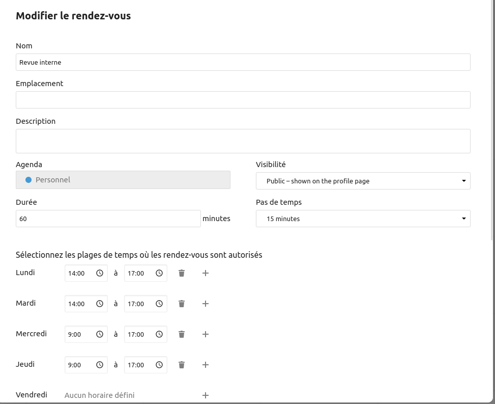 Nextcloud 23 : renforcez la collaboration avec votre écosystème 14 Paramétrages du rendez-vous