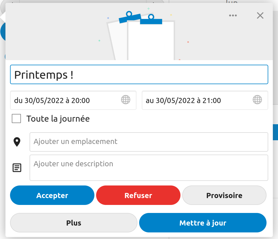 Evènement Clalendar Nextcloud 24 indiquant des bouton bleu et rouge d'acceptation ou de refus d'un évènement