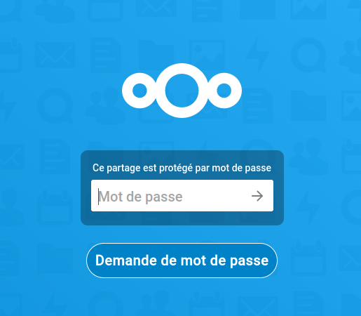 Logo Nextcloud sur fond bleu, demandant un mot de passe pour accéder au partage. Un bouton en dessous indique "Demande de mot de passe"