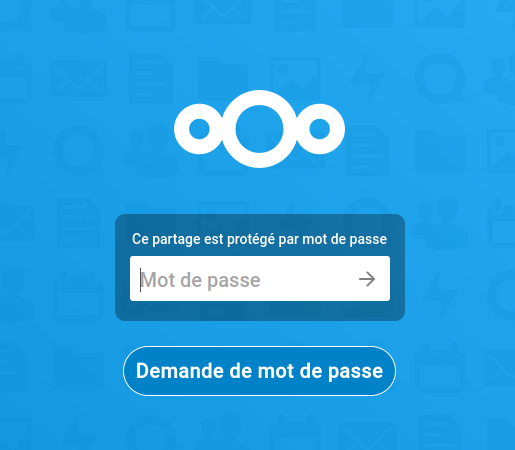 Nextcloud 24 : amélioration des performances et de l'écosystème d'applications 7 Logo Nextcloud sur fond bleu, demandant un mot de passe pour accéder au partage. Un bouton en dessous indique "Demande de mot de passe"