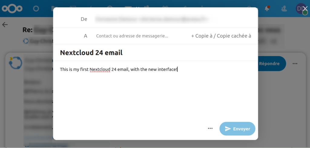 Nextcloud 24 : amélioration des performances et de l'écosystème d'applications 11 Une pop up affiche l'interface permettant de rédiger un email. Une croix en haut à droite permet de fermer l'interface. L'interface en-dessous de la pop-up est grisé
