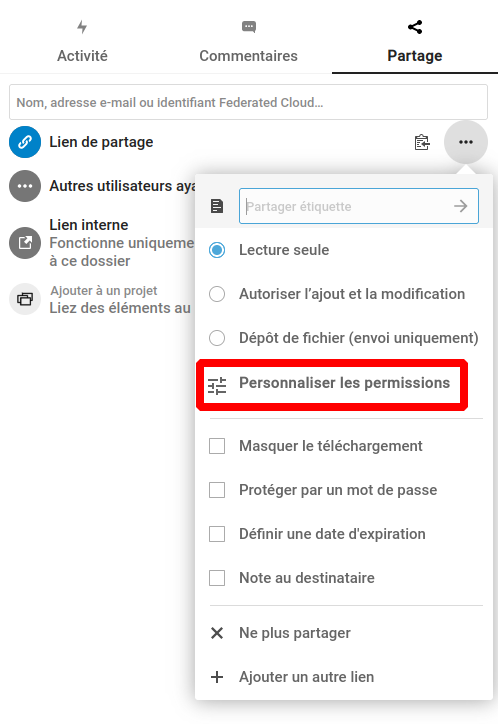 Inter face Nextcloud Files 24. Options de partage pour un partage public sur un dossier. L'option "Permissions avancées" est mise en évidence