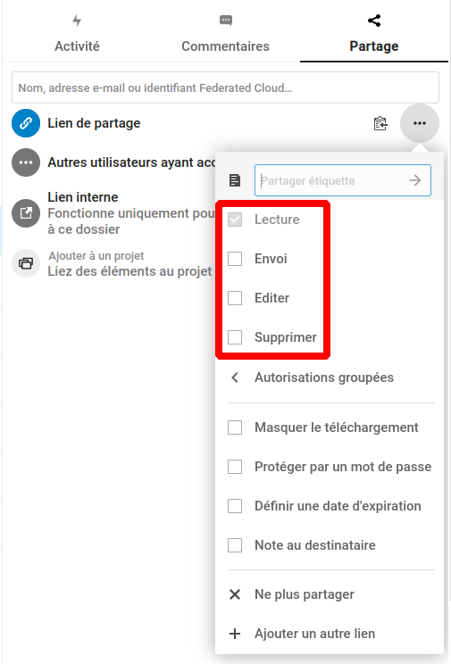 Inter face Nextcloud Files 24. Options de partage pour un partage public sur un dossier. Les 4 nouvelles options sont mise en évidence