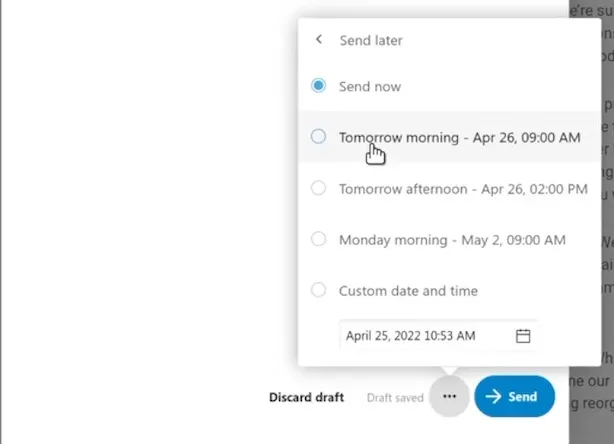 Option d'un mail Nextcloud 24 permettant de choisir la date et l'heure à laquelle sera envoyé le mail