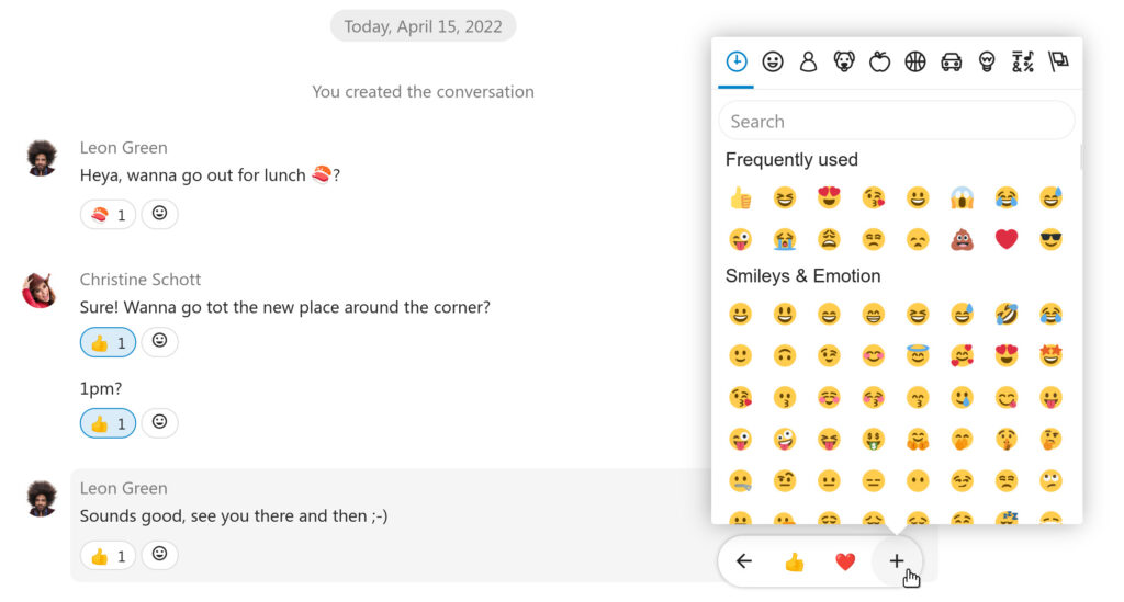 Nextcloud 24 : amélioration des performances et de l'écosystème d'applications 14 Interface de chat Talk permettant d'avoir une réaction, avec un emoji, à un message Talk