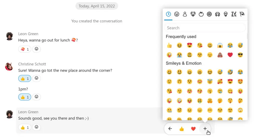 Interface de chat Talk permettant d'avoir une réaction, avec un emoji, à un message Talk