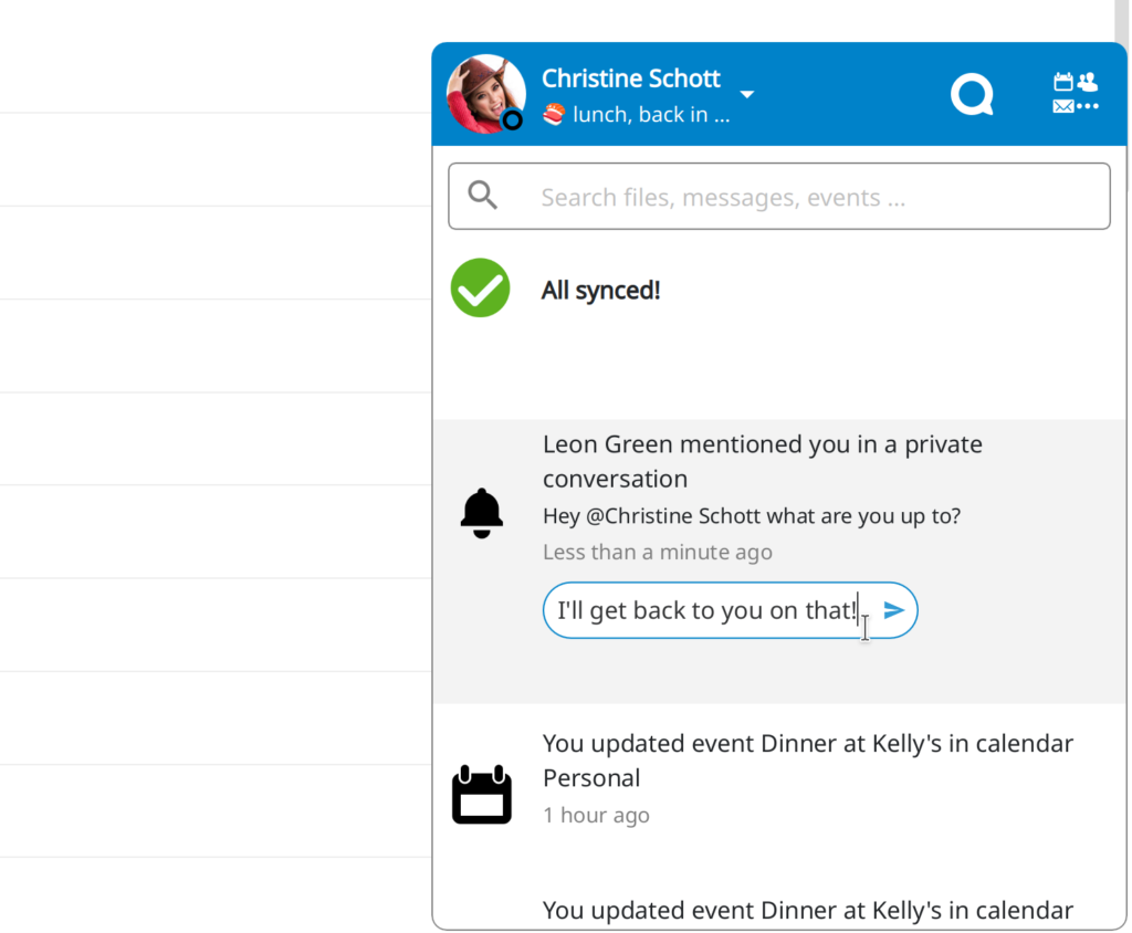 Nextcloud 24 : amélioration des performances et de l'écosystème d'applications 16 Interface client de synchronisation Nextcloud pour poste de travail. Une réponse est envoyée directement à un message Talk depuis cette interface