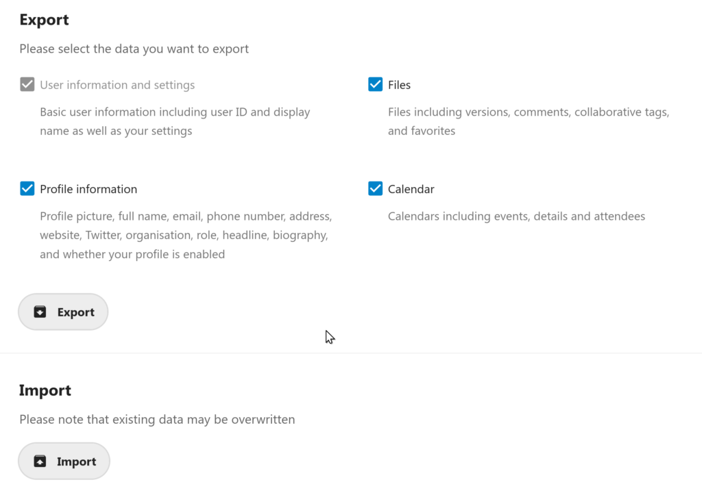 Capture d'écran des paramètres personnels Nextcloud 24 indiquant précisément les données à exporter