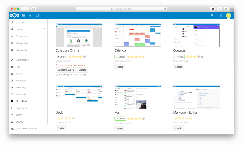 Webinaire Arawa 2 - les apps Nextcloud (partie 1) 1 Page internet affichant le magasin d'applications Nextcloud