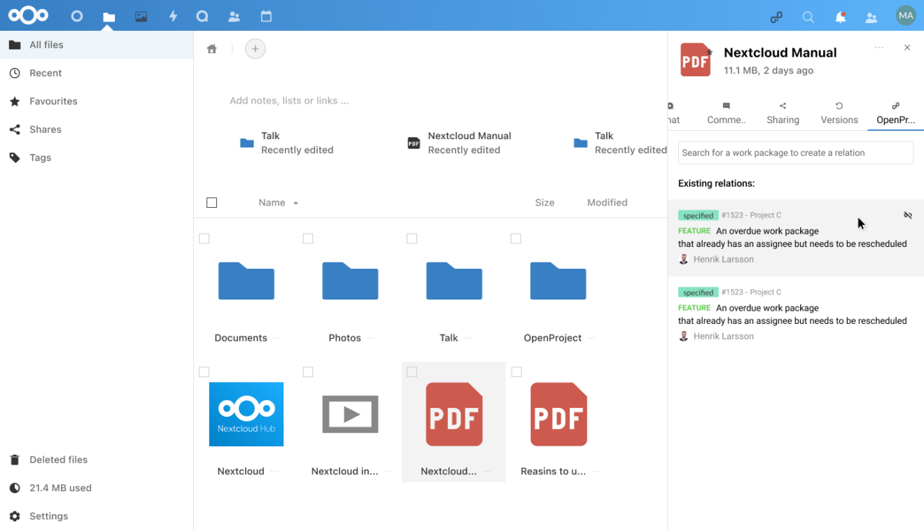 Interface Nextcloud avec la nouvelle fonctionnalité de liaison des lots de travaux dans Nextcloud
