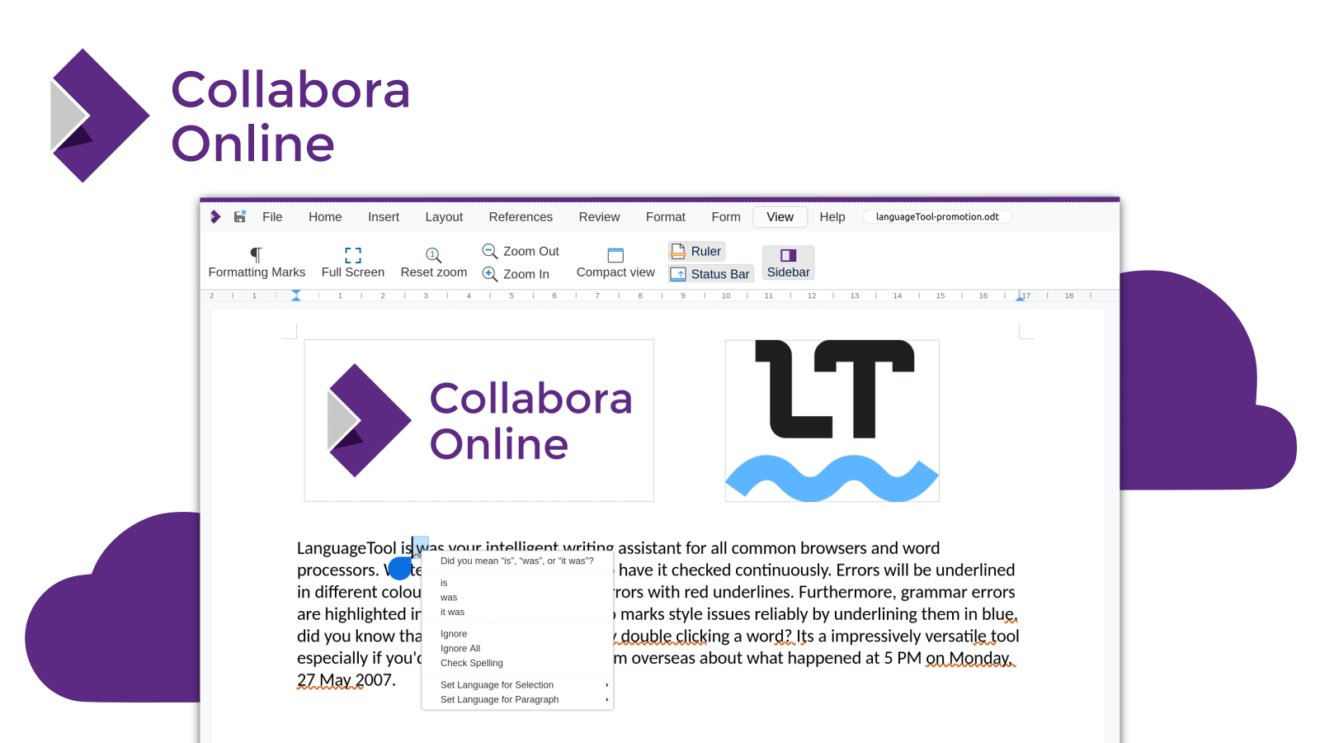 Capture d'écran d'un document Collabora Online avec les corrections de LanguageTool et leurs logos respectifs