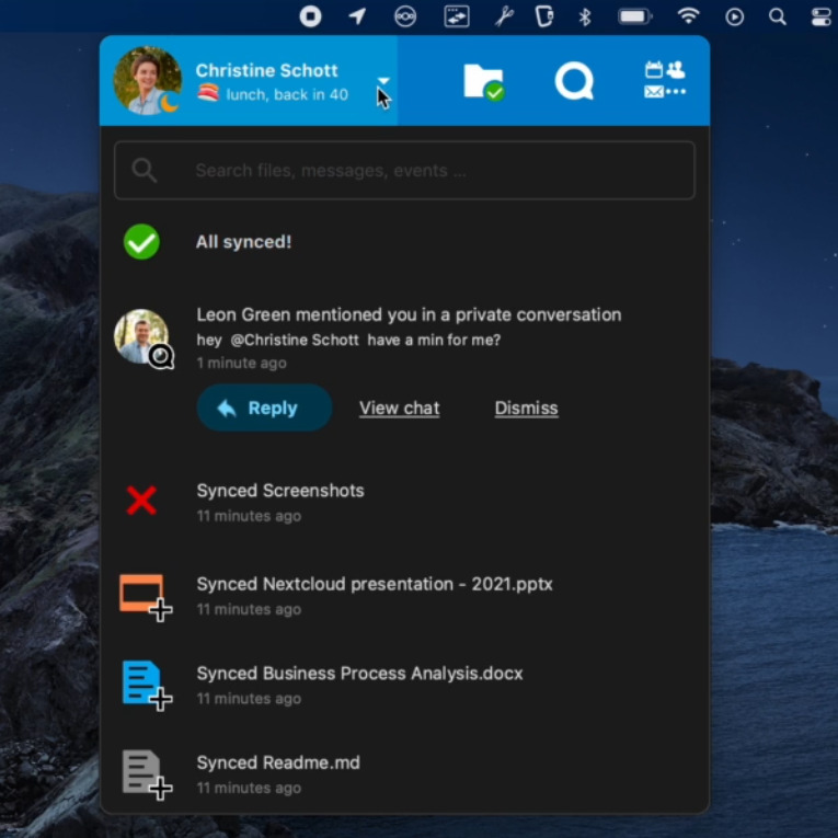 Aperçu de l'assistant de synchronisation Nextcloud sous MacOS thème sombre