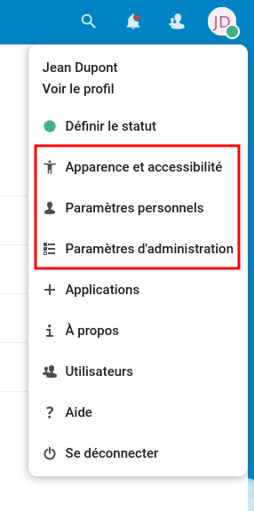 nouveaux paramètres d'un utilisateur administrateur Nextcloud