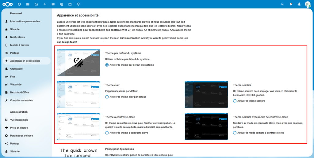 Détail des nouveautés de Nextcloud 25 (Hub 3) 10 Aperçu des nouveaux paramètres personnels d'accessibilité et de personnalisation dans une interface Nextcloud 25