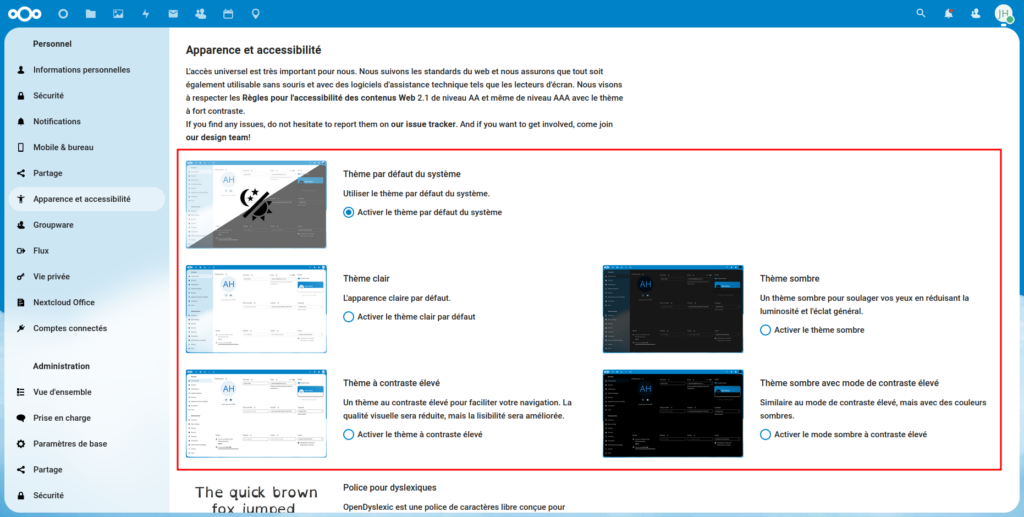 Aperçu des nouveaux paramètres personnels d'accessibilité et de personnalisation dans une interface Nextcloud 25