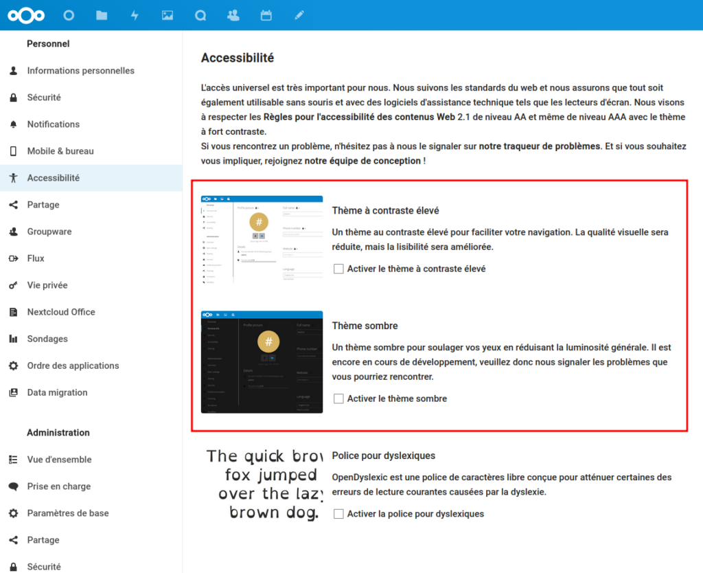 Aperçu des anciens paramètres personnels d'accessibilité dans une interface Nextcloud 24