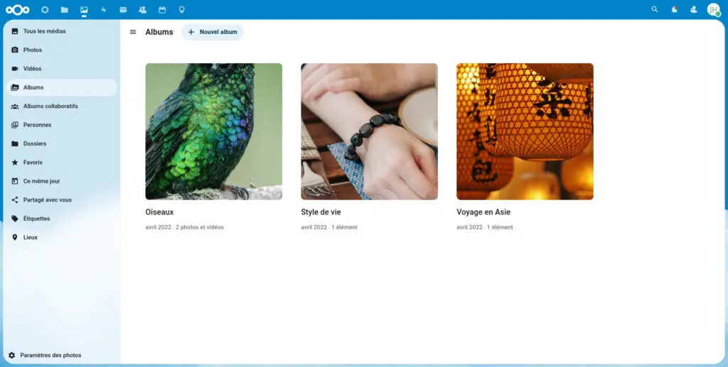 Aperçu des albums photos de nextcloud 25