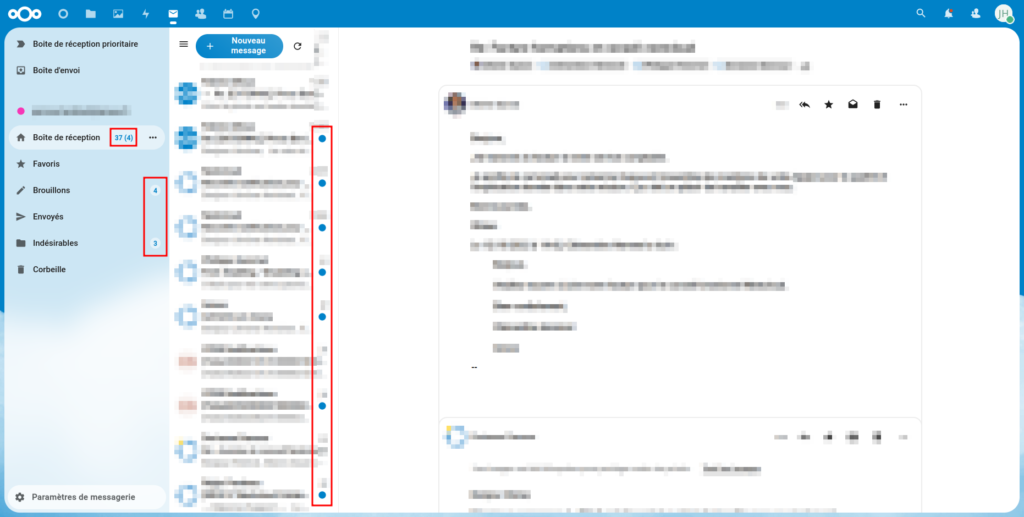 Nouveau compteur de message non lu de Nextcloud mail et meilleure lisibilité des messages non lus avec des pastilles de couleurs et un aperçu du sujet de l'e-mail.