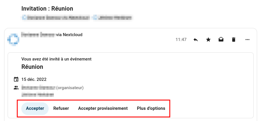 Boutons d'acceptation ou de rejet des invitations à un événement de Nextcloud Calendar, depuis Nextcloud mail