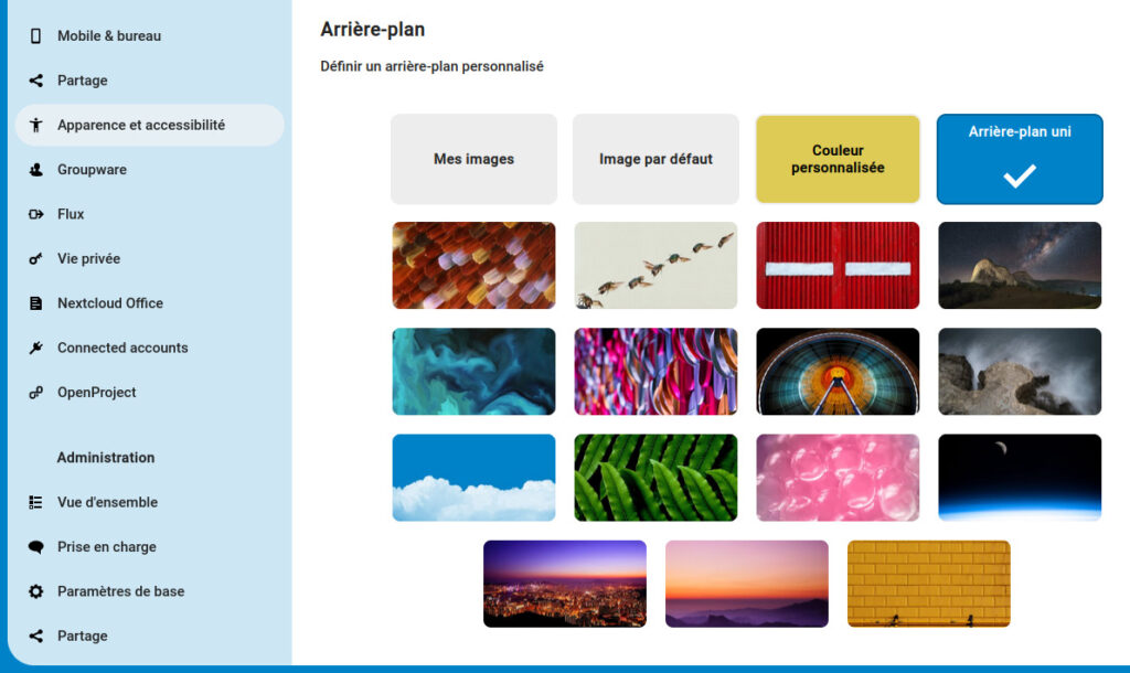 Détail des nouveautés de Nextcloud 25 (Hub 3) 11 Nouveaux paramètres personnels de personnalisation de l'arrière plan dans une interface Nextcloud 25