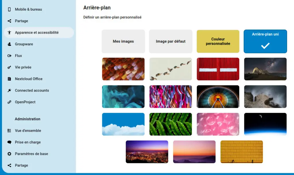 Nouveaux paramètres personnels de personnalisation de l'arrière plan dans une interface Nextcloud 25