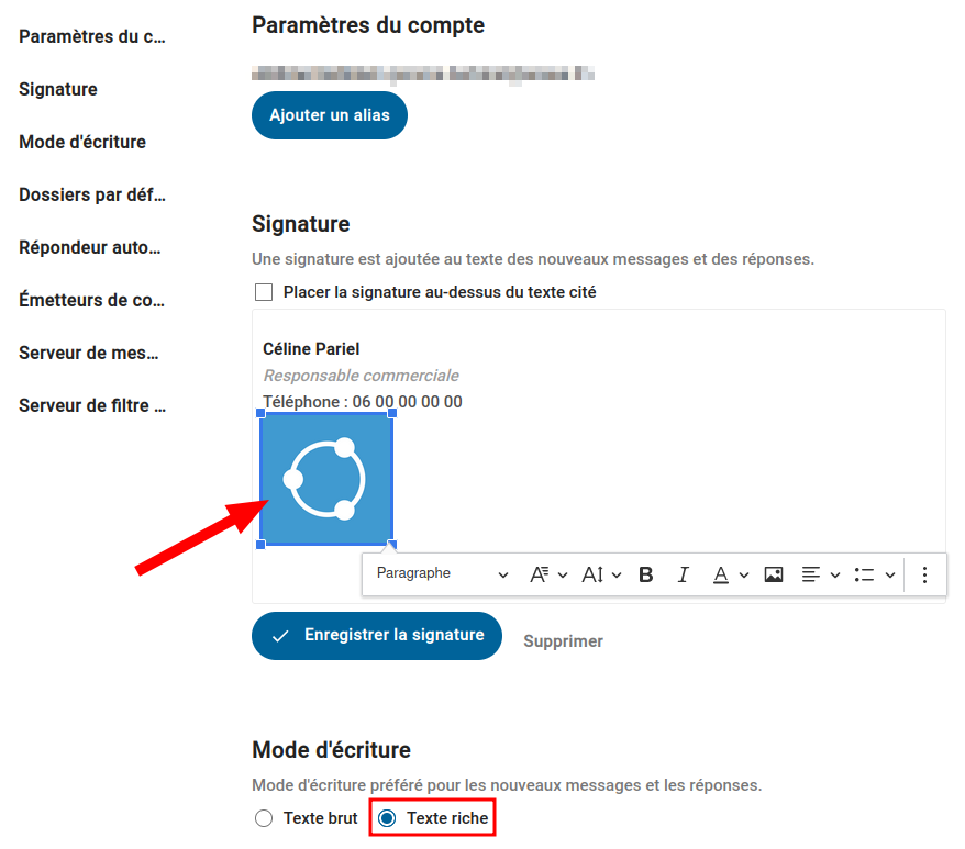 Interface de paramètres de Nextcloud Mail montrant l'insertion d'une image dans une signature