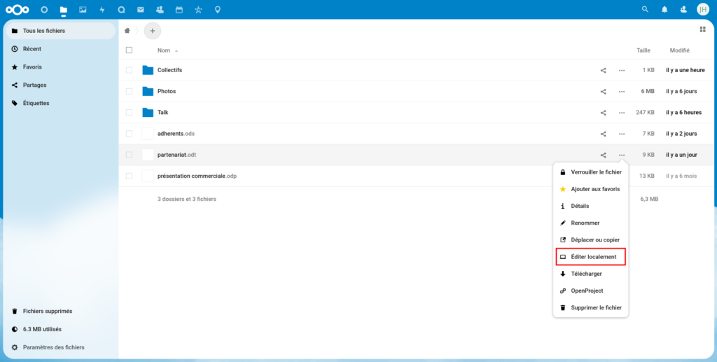 Détail des nouveautés de Nextcloud 25 (Hub 3) 48 Accès à l'édition locale depuis Nextcloud Files. Cela vaut pour les fichiers odt, ods, odp et odg de Nextcloud Office (Collabora Online) mais pour d'autres types de fichiers pour lesquels il existe une association avec un logiciel installé sur votre ordinateur, selon son extension.
