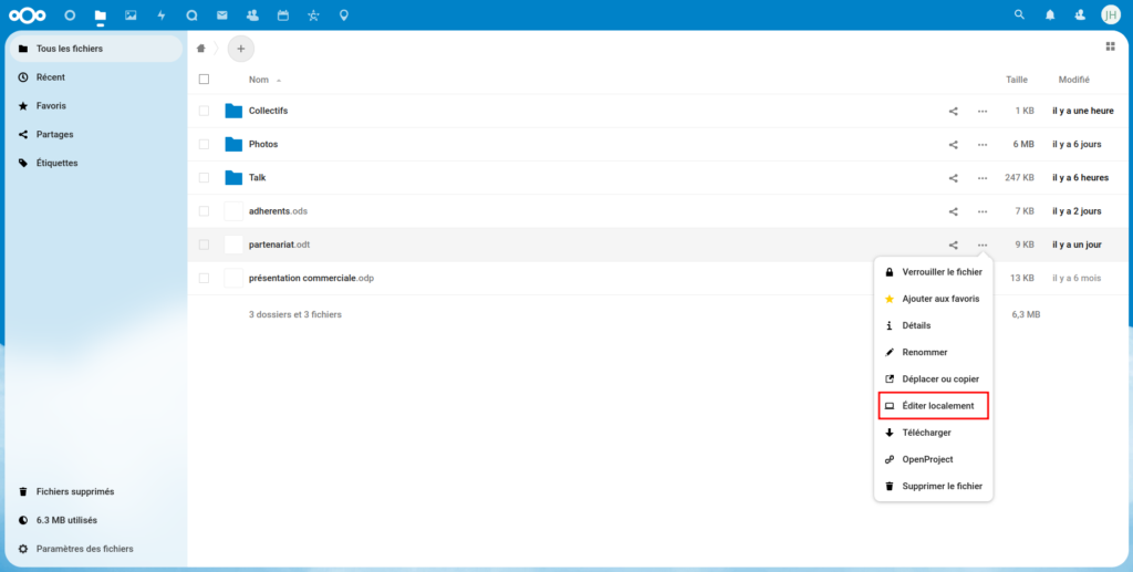 Accès à l'édition locale depuis Nextcloud Files. Cela vaut pour les fichiers odt, ods, odp et odg de Nextcloud Office (Collabora Online) mais pour d'autres types de fichiers pour lesquels il existe une association avec un logiciel installé sur votre ordinateur, selon son extension.
