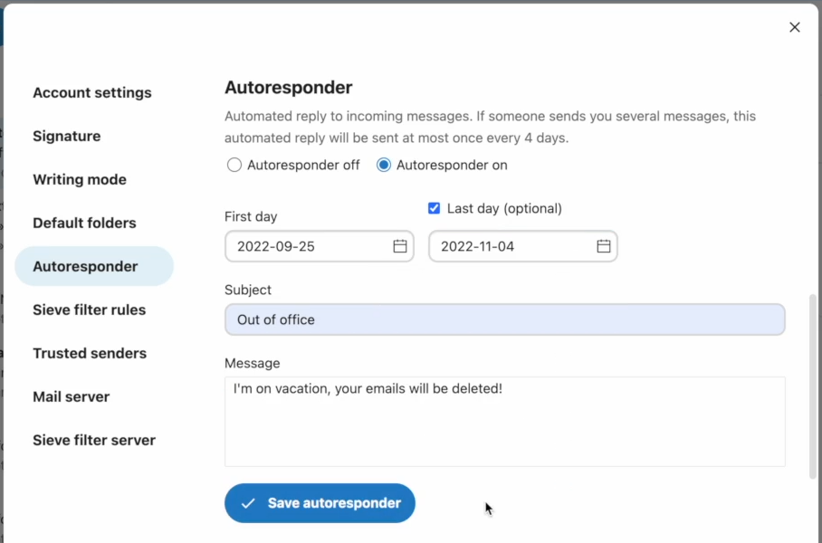 Détail des nouveautés de Nextcloud 25 (Hub 3) 24 Paramétrage de Nextcloud mail du répondeur automatique (message d'absence)