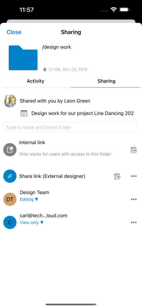 Interface de partages du client Nextcloud pour iOS