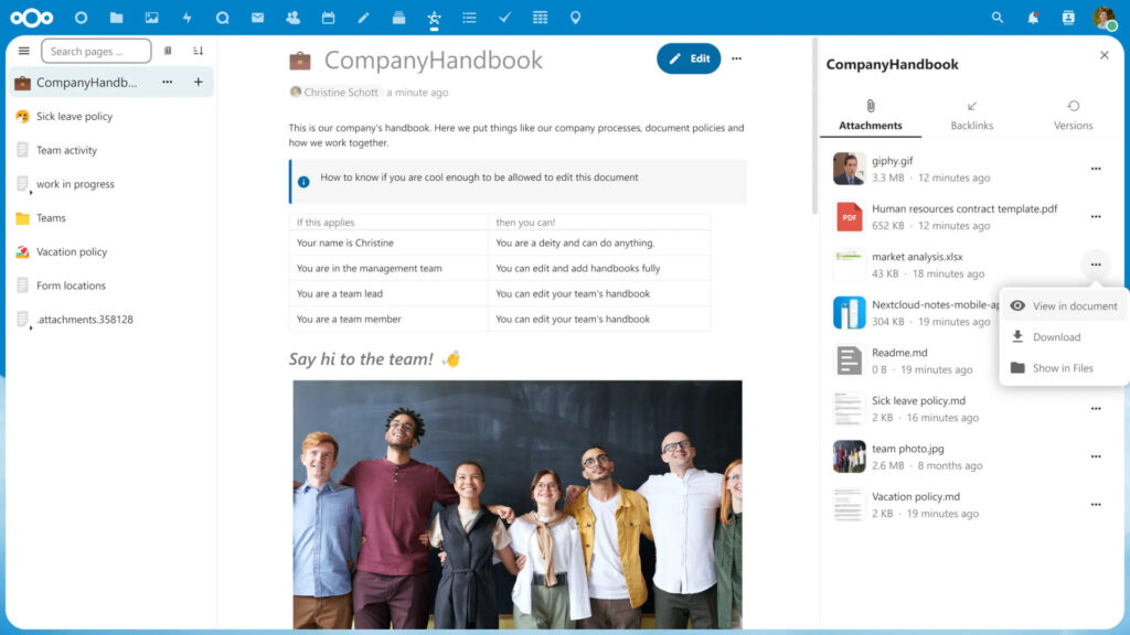 Détail des nouveautés de Nextcloud Hub 5 (v. 27) 25 collectives attachments sidebar 2 scaled 1