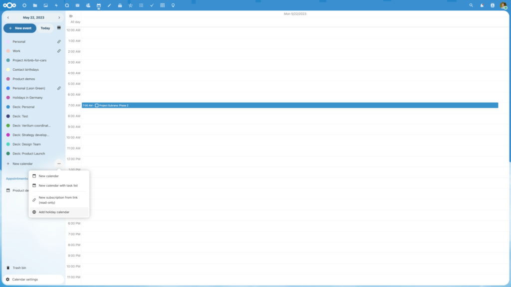 Détail des nouveautés de Nextcloud Hub 5 (v. 27) 26 holiday calendar 1