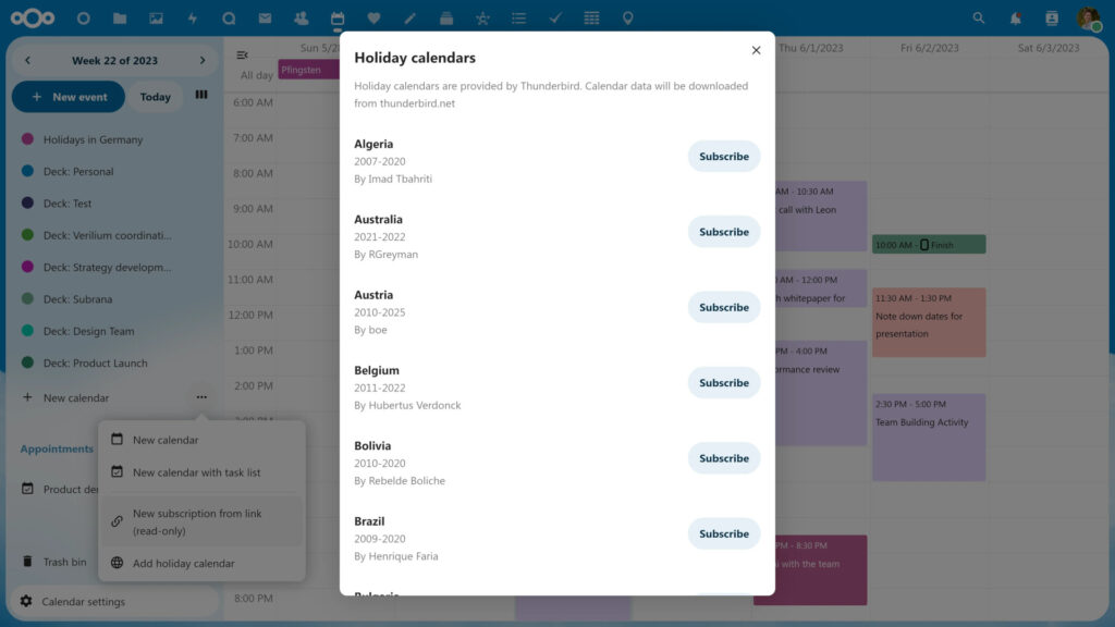 Détail des nouveautés de Nextcloud Hub 5 (v. 27) 27 holiday calendar zoomed