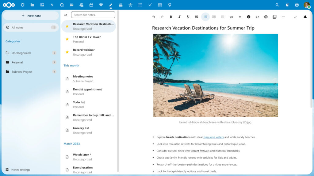 Détail des nouveautés de Nextcloud Hub 5 (v. 27) 24 notes 3 column interface 2
